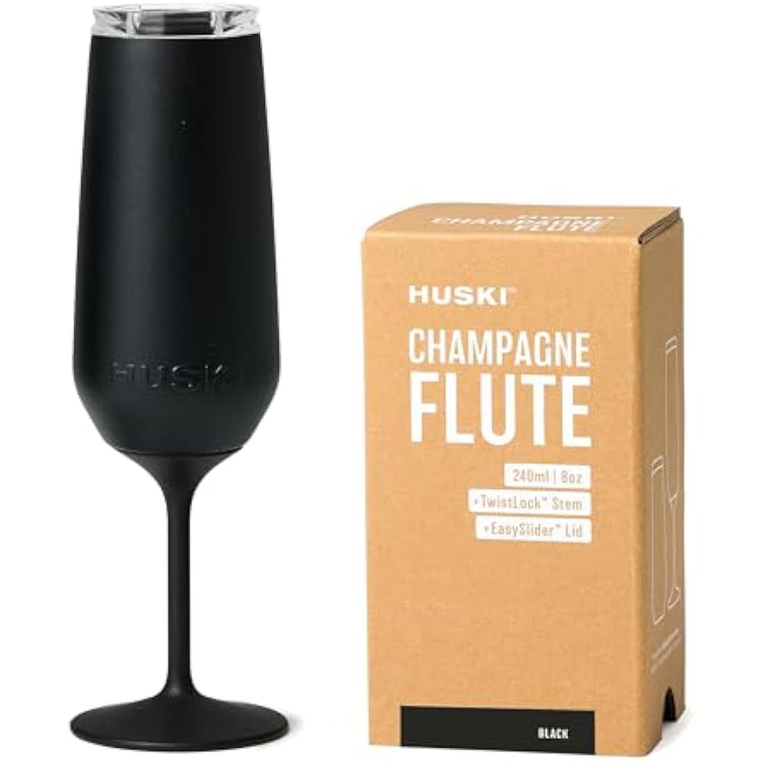 Huski Champagne Flute | New | Award-Winning Design with Detachable Stem | Premium Stainless Steel Champagne Glass with Lid | Triple Insulated Tumbler | 240ml Capacity | Great Gift (Black)