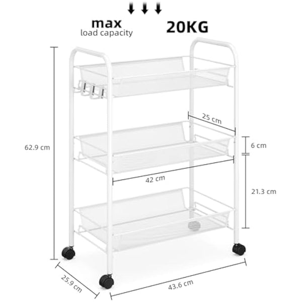 APEXCHASER 3-Tier Rolling Cart,Easy Assemble Mobile Storage Trolley On Wheels,Slide Out Utility Cart Shelving Units Kitchen Bathroom Laundry Room,White