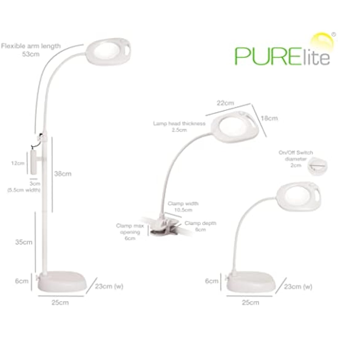 PURElite Magnifying LED Floor Lamp – 3in1 Lamp, Table Lamp & Clip-on Light, Natural Daylight Bulbs, Dimmer Switch, Adjustable Flexi Neck, For Needlework, Sewing, Crafting, Reading