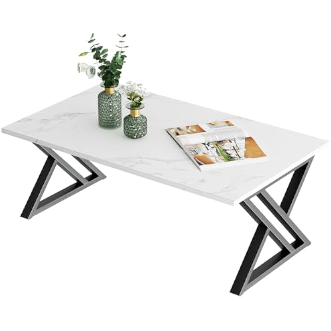 Coffee Table, Living Room Table, Center Tea Tables, Rectangular Tea Tables, End Sidetable with Black Metal Frame for Living Room Bedroom Office, Modern Open Design, 39.3 x 18.9 x 17.7 IN, White/Black