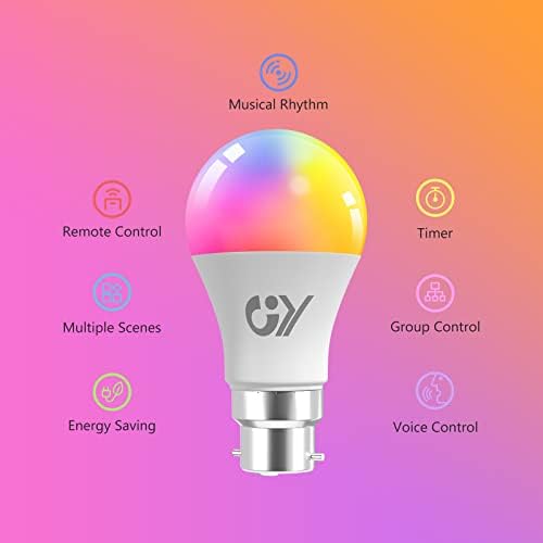 GY A60 B22 Smart Bulb Bayonet Alexa Light Bulbs, 9W 850lm 2700K-6500K RGB Dimmable Colour Changing Compatible with Alexa/Google Home 2.4GHz WLAN,6 Packs