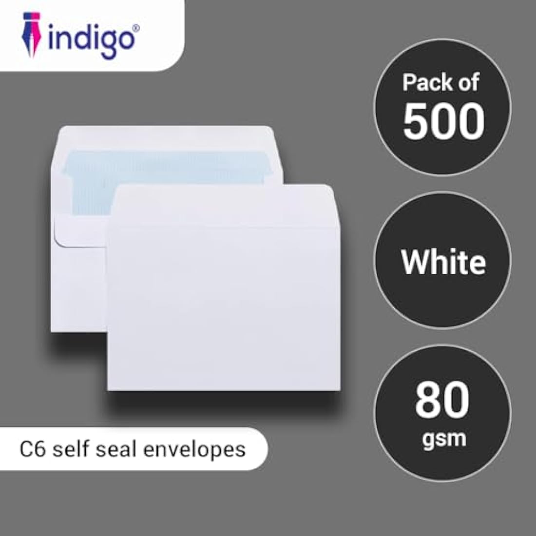 Indigo® C6 White Peel & Seal Envelopes – 114 x 162mm, Professional-Grade, Secure Mailing for Home, Office & Business (Pack of 500)