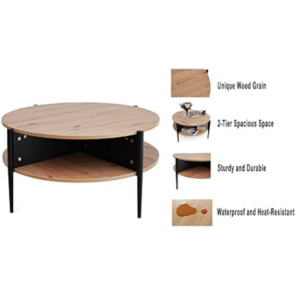 7RiversART Wood Round Coffee Table with 2-Tier Storage Partitioned Shelf Industrial Modern Design Sofa Table for Living Room