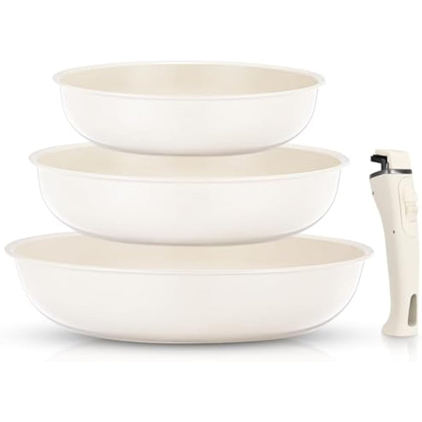 FOHERE Nonstick Frying Pan Set with Detachable Handle, 3PCS 20 24 28 CM Non Toxic Diamond Ceramic Pan, Oven Safe Skillets and Frying Pans, Compatible with All Stoves(Induction), Beige
