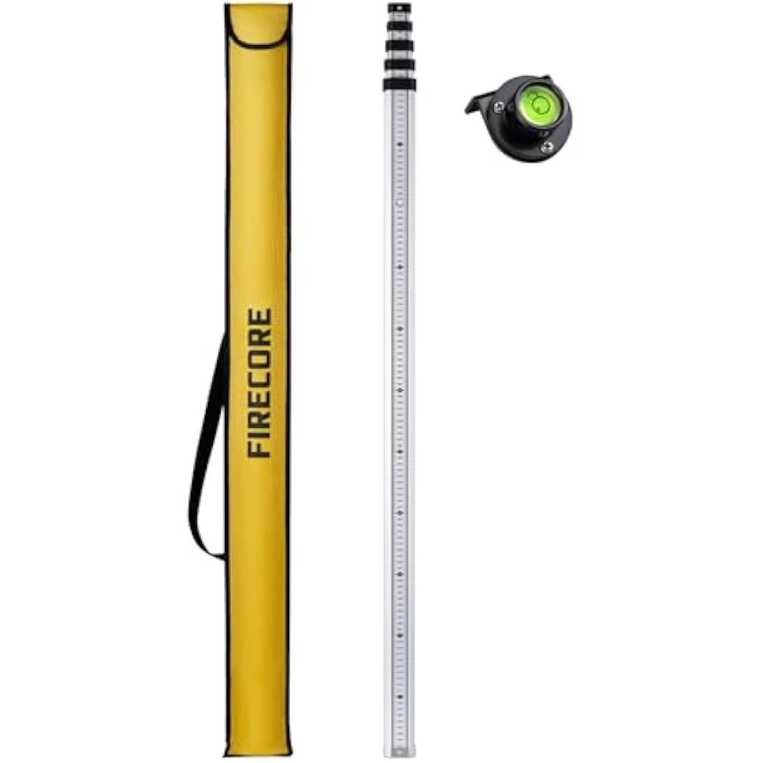 Firecore Levelling Staff, Telescopic Levelling Staff 5m, Aluminium Measuring rods for Cross line Lasers and Rotating Lasers, Measuring Staff with Spirit Bubble, 5m Length in 5 Segments, mm/dm Scale