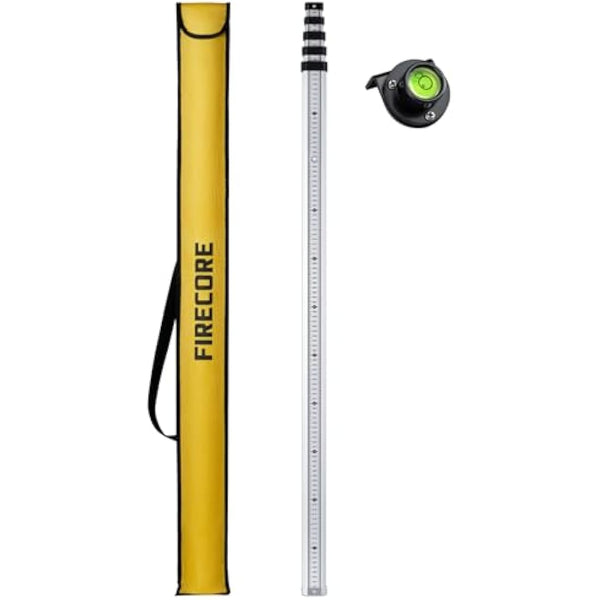 Firecore Levelling Staff, Telescopic Levelling Staff 5m, Aluminium Measuring rods for Cross line Lasers and Rotating Lasers, Measuring Staff with Spirit Bubble, 5m Length in 5 Segments, mm/dm Scale