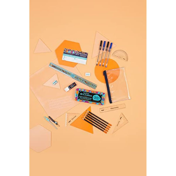 Helix Oxford Geo Complete Maths and Stationery Set - Oxford Maths Set, 30cm Folding Ruler, Ballpoint Pens, Eraser, Exam ready clear Pencil Case, Pencils - Orange Geometric Design