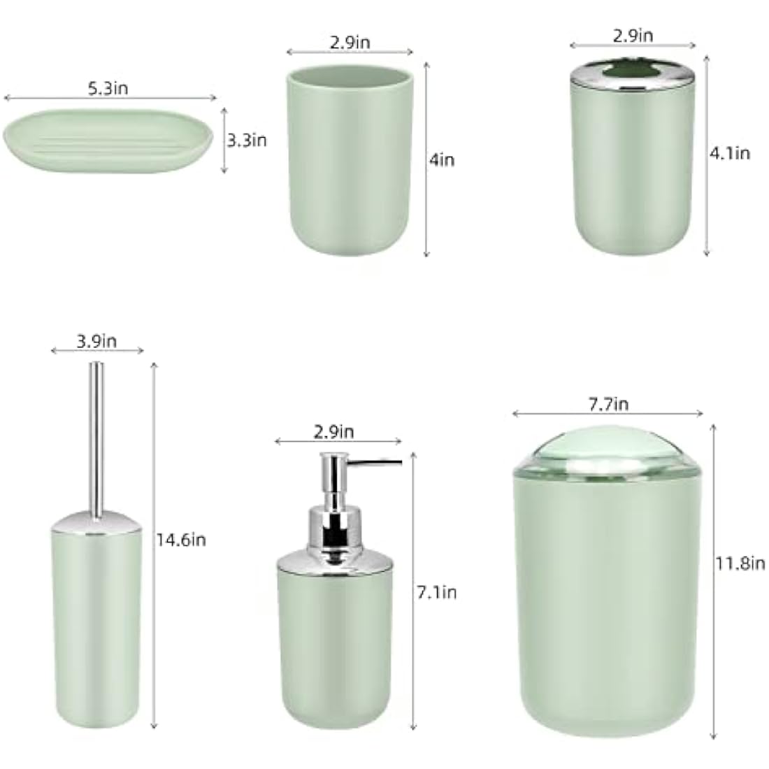 IMAVO Bathroom Accessory Set - 6 Piece Green Bathroom Accessories Set with Trash Can, Soap Dispenser, Soap Dish, Toothbrush Holder & Cup, Toilet Brush Holder, Bathroom Decor Sets Accessories Complete