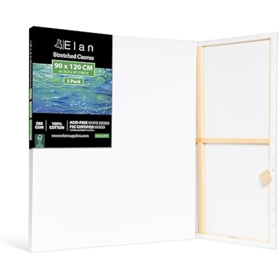Elan Stretched Canvases 90x120 CM, 3-Pack Extra Large Canvas for Painting 280 GSM, Triple Primed A0 Canvas for Painting 90x120 CM, Extra Large Art Canvases