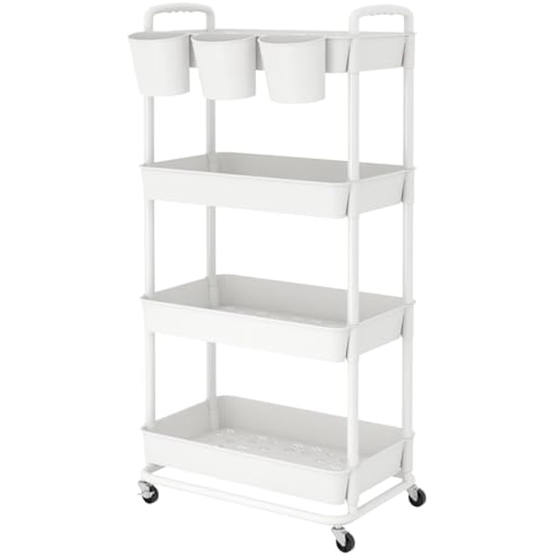 JIUYOTREE 4-Tier Plastic Rolling Storage Cart Utility Cart with Extra Hanging Cups Handles Lockable Wheels for Living Room Bathroom Kitchen Office White