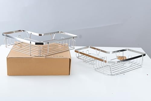 Kegii Telescopic Shower Caddy Corner - Stainless Steel Shower Shelf No Drilling Bathroom Caddy with Soap Holder and Hooks(White), On The Bath or Stand Up Shower