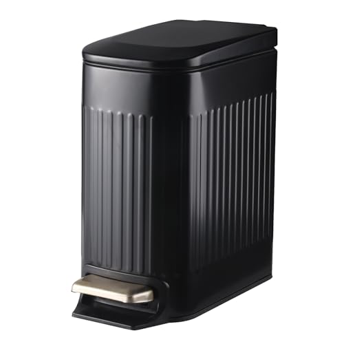 ELPHECO Slim Bathroom Trash Can Foot-Operated Stainless Steel Garbage Can with Soft Close Lid Step Trash Bin with Removable Inner Bucket for Bedroom, Office, Kitchen (Matt Black, 1.8 Gallons)