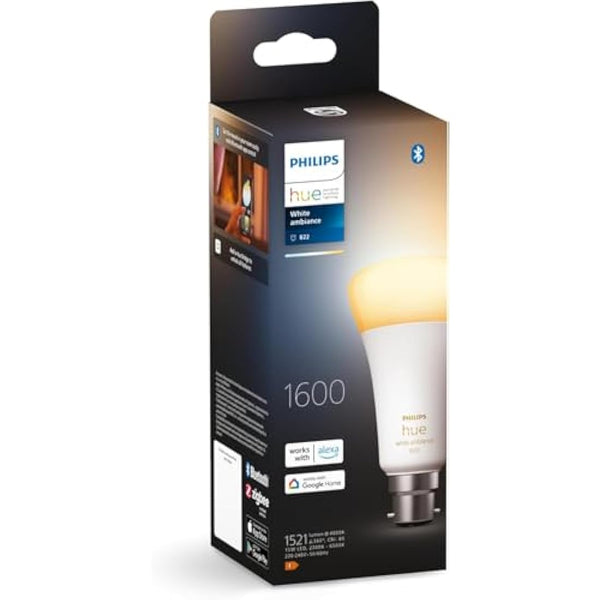 Philips Hue New White Ambiance Smart Light Bulb 100W - 1600 Lumen [E27 Edison Screw] with Bluetooth. Works with Alexa, Google Assistant and Apple Homekit