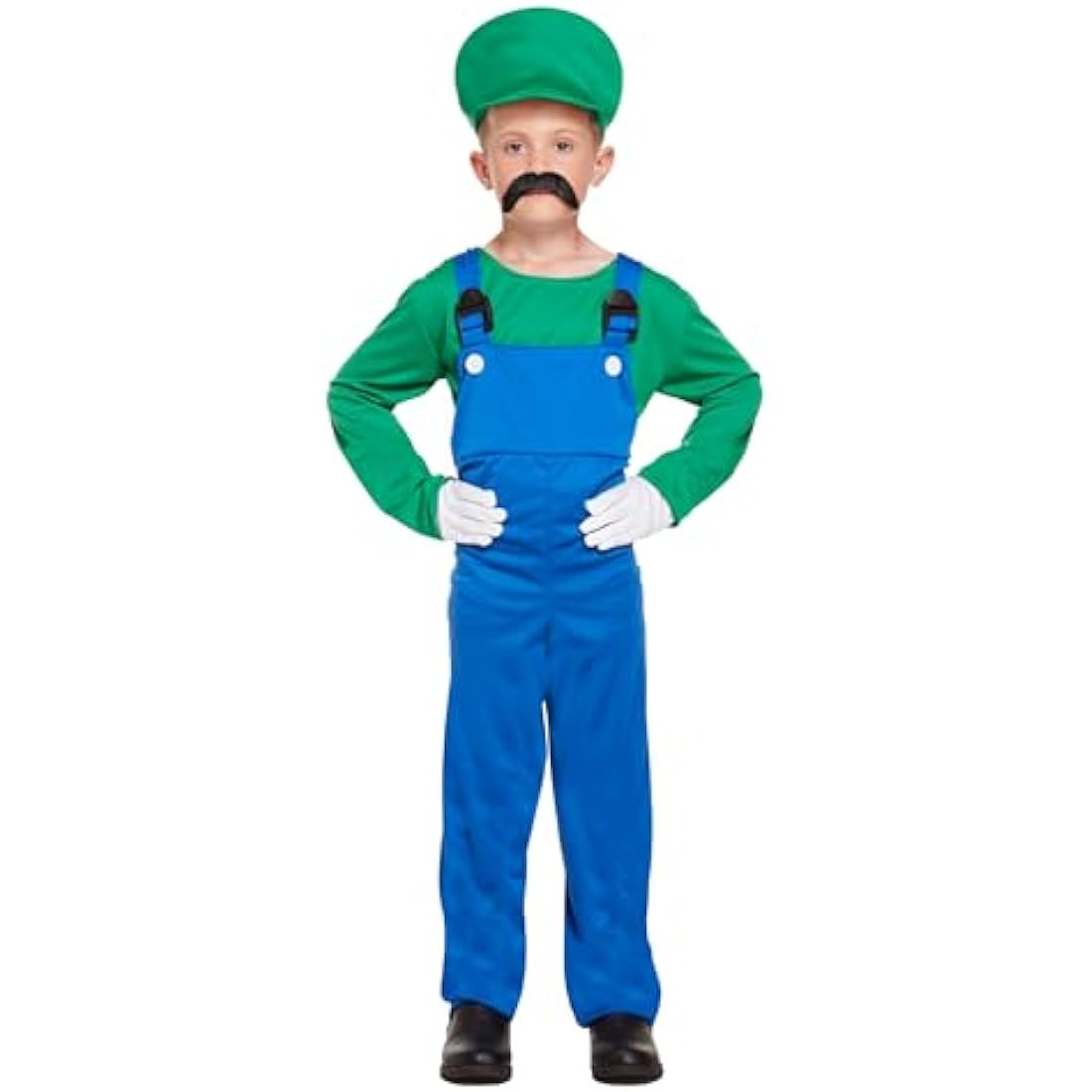 HENBRANDT Children’s Green Super Plumber Fancy Dress Costume Retro 1980s Videogame Green + Blue Overalls Moustache Brothers Size Large Ages 10-12 Fancy Dress for Boys Super Workman Outfit for Kids