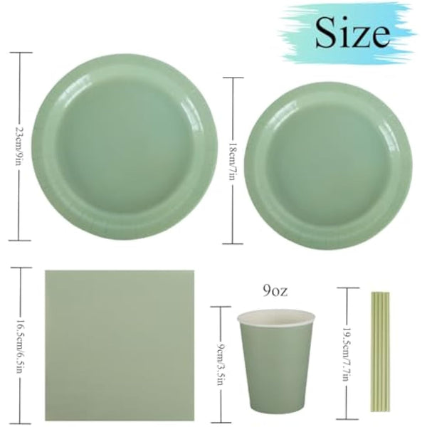 Green Paper Plates Napkins Cups Set, CEILIWEN 250PCS Sage Green Party Tableware, Green Party Supplies Include 9'' Paper Plate, 7'' Dessert Plate, Napkins, Cups, Straws, for 50 Guest