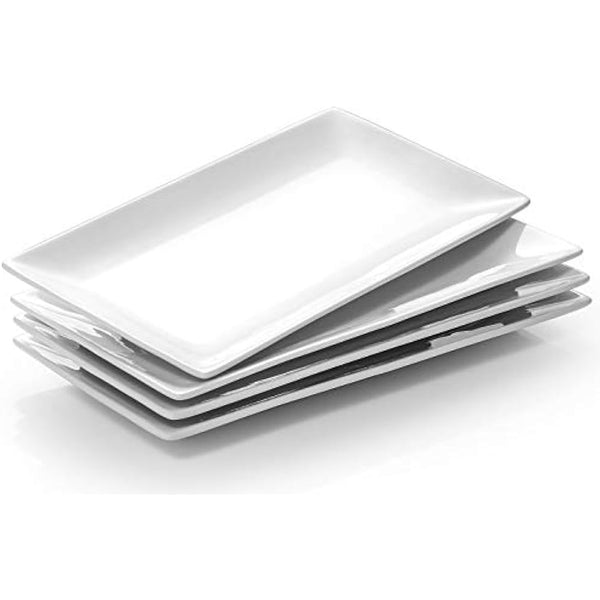 DOWAN Serving Platter – 12" x 6" White Ceramic Rectangular Plates – Set of 4 Oblong Porcelain Dishes for Sushi, Appetisers, Party Food, Steak, Cake, Dessert – Dishwasher Safe