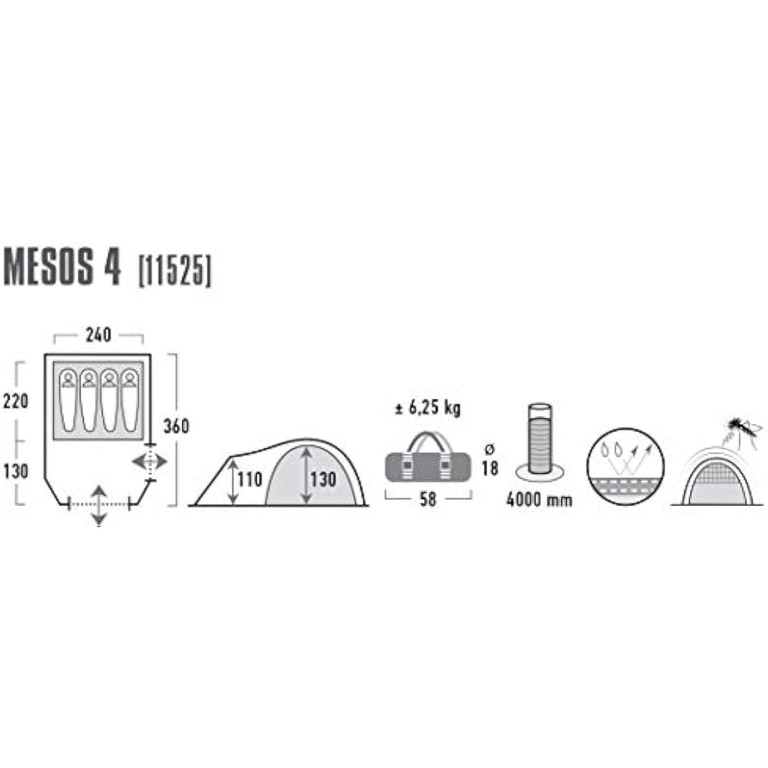 High Peak Mesos 4 Tent – Dark Grey/Green, L