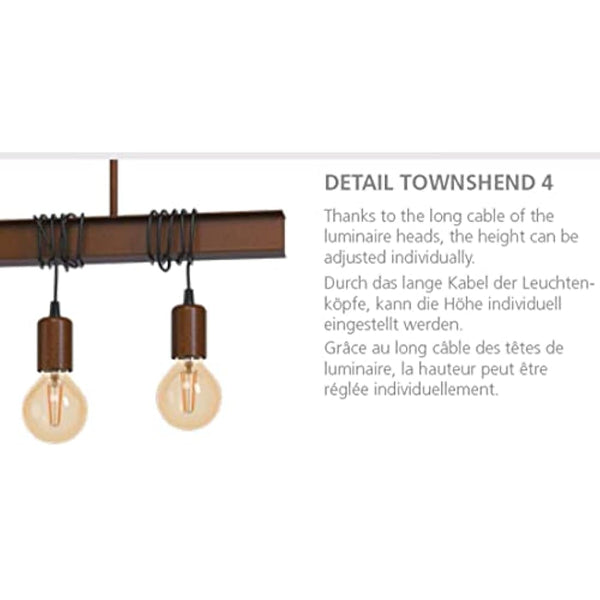 Eglo Townshend 6-flame vintage/industrial design pendant lamp, retro steel and antique brown hanging light, E27 socket