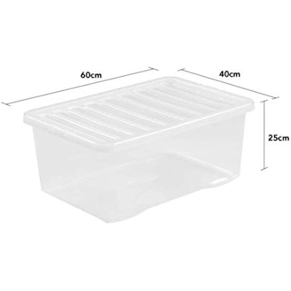 4 x 45L Plastic Storage Boxes Crystal Clear Box & Lid Suitable for all around the Home Office and Workplace Stackable Nestable Large Strong Boxes – 60 x 40 x 25 cm