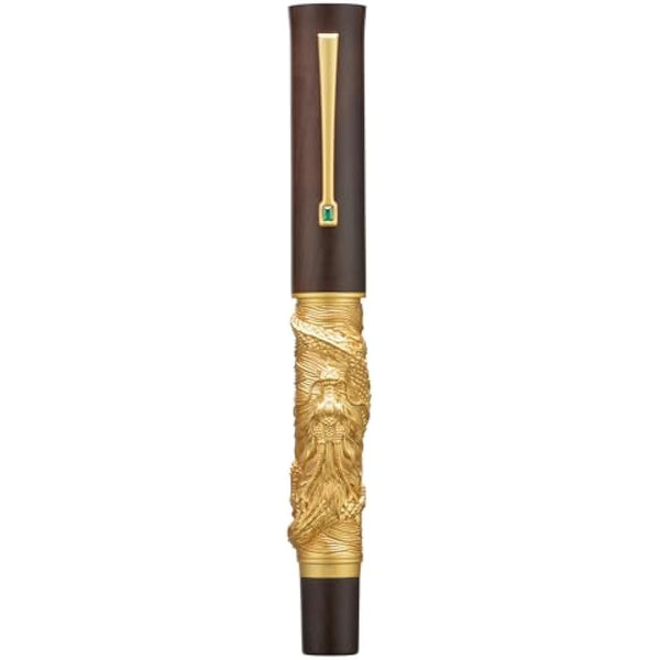 Hongdian N24 Fountain Pen Fine Nib, Golden Dragon Stereoscopic Carving with Red Wood Design