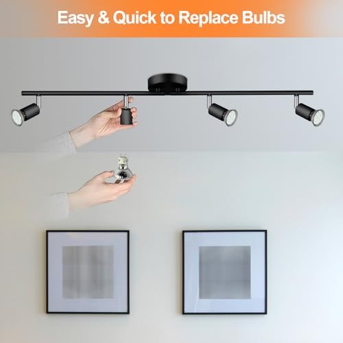 4 Way Spotlight Ceiling Light Rotatable, GU10 Industrial Ceiling Light Fitting Black Spot Light Bar Indoor Adjustable Light Ceiling Spot Lamp for Kitchen Bedroom Hallway, 3000K GU10 Bulb Included