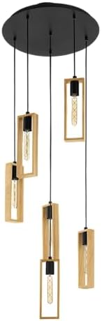 EGLO Pendant Lighting Littleton, 6 Light Vintage Cluster Hanging lamp in Industrial Design, Retro Ceiling Light Made of Black Metal and Natural Wood, E27socket, FSC Certified