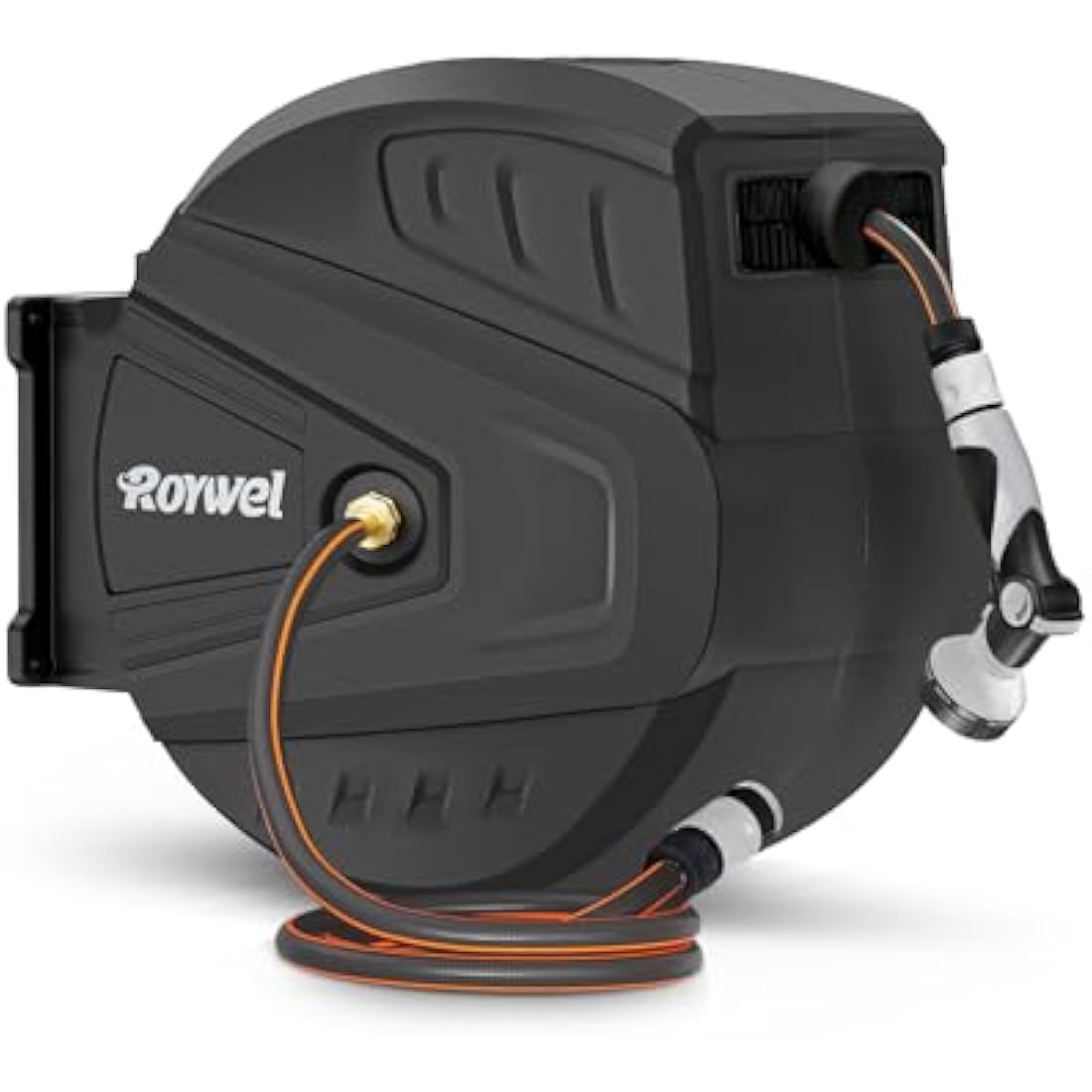 Roywel Auto Reel Garden Hose 40M，Hose Reel Wall Mounted，Auto Rewind, Self-Locking System,180° Pivotal with Multifunction Spray Nozzle