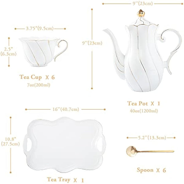 DUJUST 14 pcs Tea Set of 6 with Tea Tray & Spoons, Luxury British Style Tea/Coffee Cup Set with Golden Trim, Porcelain Tea Set for Living Room Decor, Tea Party Set, Gift Package - White