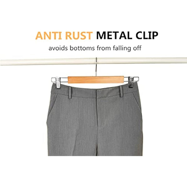 Amber Home 36cm Natural Wooden Pants Hangers 20pcs, Smooth Wood Skirt Hanger Organizer with Adjustable Anti-Slip Chrome Clips, Space Saving Solid Clothes Hangers Rack for Bottoms Jeans Slacks Trousers