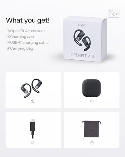 SHOKZ OpenFit Air Open-Ear Headphones, True Wireless Bluetooth Earphones with Mic, Fast Charging, 28h Playtime, IP54 Waterproof for Workout - Black