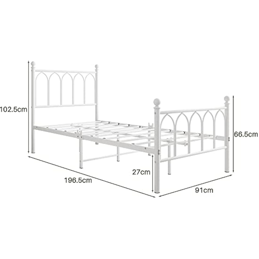 JELUTE Single Metal Bed Frame 90 x x190 cm with Headboard and Footboard Heavy Duty Foundation,Metal Slat Support, White