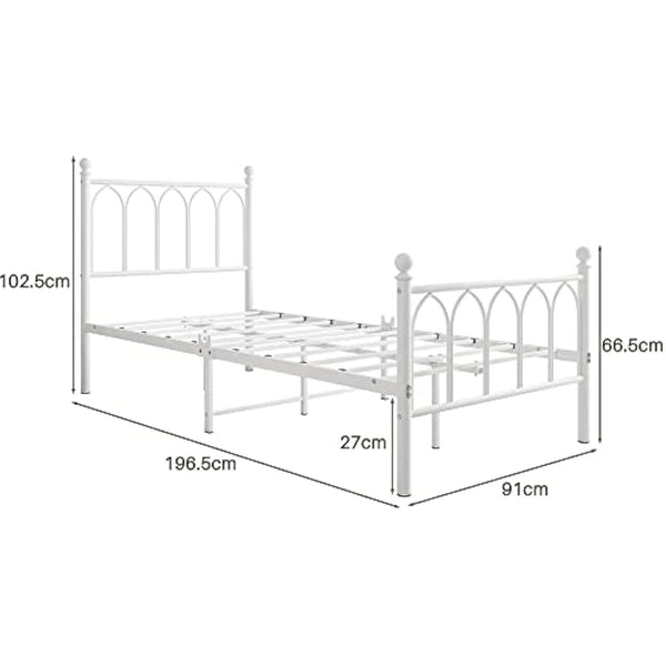 JELUTE Single Metal Bed Frame 90 x x190 cm with Headboard and Footboard Heavy Duty Foundation,Metal Slat Support, White