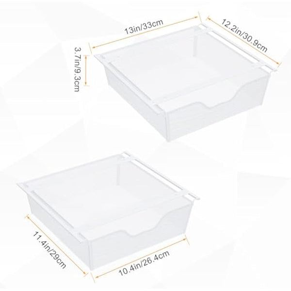 2 Pack Pull Out Basket Storage Under Shelf, Under Cabinet Hanging Drawer, Metal Wire Mesh Storage Basket Organizer for Kitchen, Office, Wardrobes, Cupboard rack White