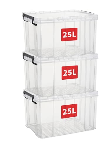Cetomo 25L*3 Storage Boxes, Stackable Storage Box with Lids, Heavy-Duty Lidded Container with Reinforced Corners, Vertical Sides and Clip Closure,