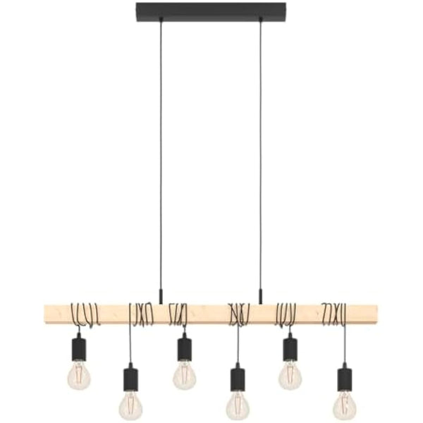 Eglo Pendant Lighting Townshend, 6 Light Vintage Hanging lamp in Industrial Design, Retro Ceiling Light Made of Black Metal and Natural Wood, FSC Certified, E27