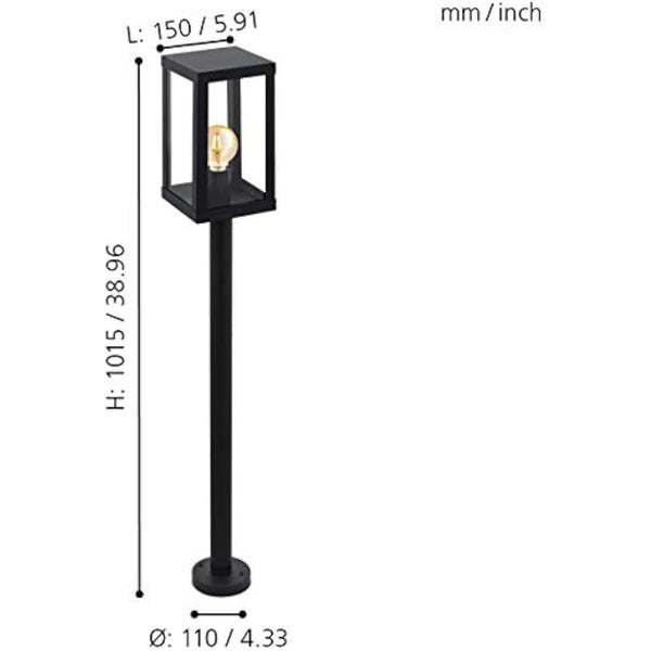 Eglo Alamonte 1 Outdoor Lamppost, Black Glavanized Steel and Clear Glass Driveway Light, Electric Garden Lighting, E27 Socket, IP44