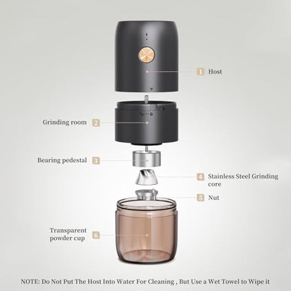 ELMWAY Mini Electric Coffee Grinder – Rechargeable & Portable, Stainless Steel Conical Burr, One-Touch Grinding with Auto Stop, Internal Adjustable Grind Settings, Perfect for Single Servings – Black