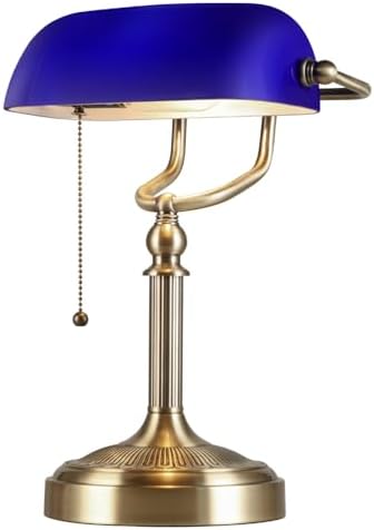Newrays Blue Glass Bankers Desk Lamp with Pull Chain Switch Plug in Fixture for Home Office,Library