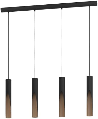 Eglo LED pendant lighting Barbotto, 4 light hanging lamp with indirect lighting, metal ceiling light fixture in black and wood look, GU10 bulb, warm white, FSC certified