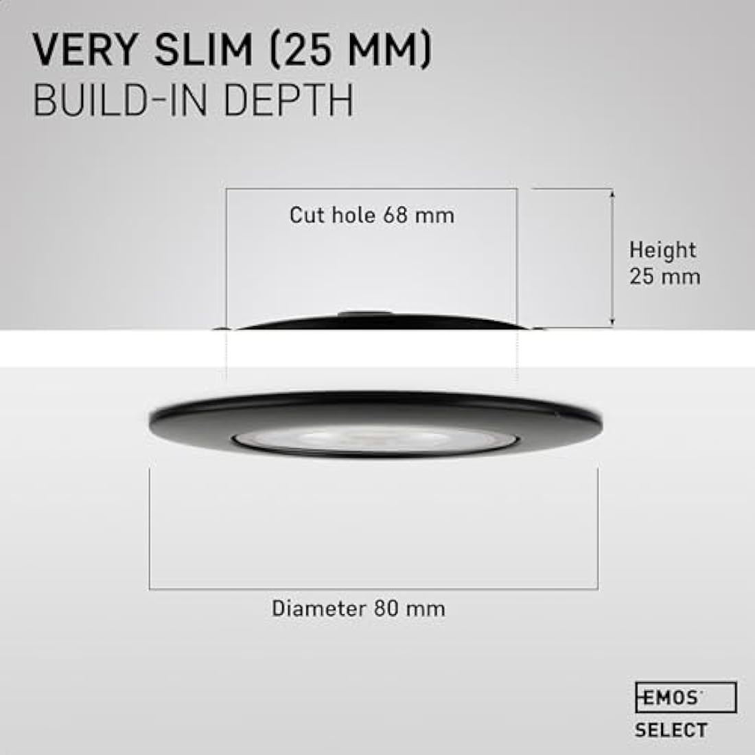 EMOS LED Spot Lights Ceiling Round 5W / 450lm, 6500K Cold White | 50° Tilt Swivel Recessed Ceiling Lights, Ultra Slim | Pack of 12 Recessed LED Downlights for Ceiling, Mains Powered, Black