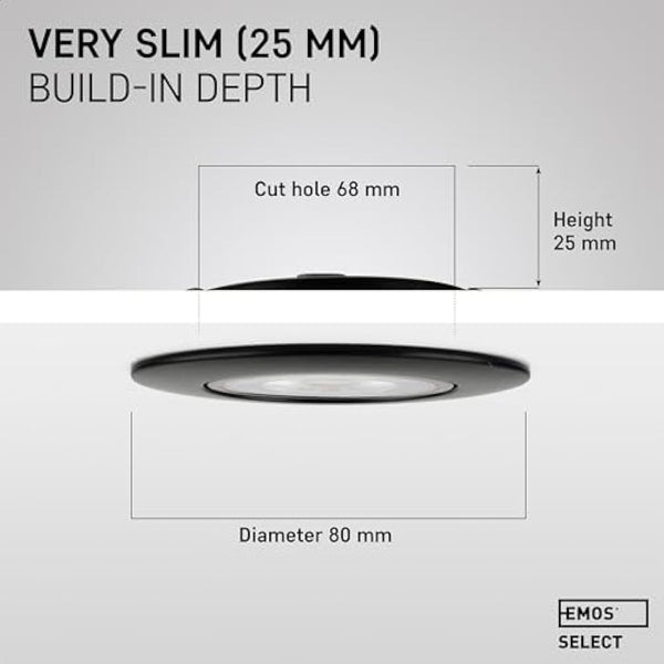 EMOS LED Spot Lights Ceiling Round 5W / 450lm, 6500K Cold White | 50° Tilt Swivel Recessed Ceiling Lights, Ultra Slim | Pack of 6 Recessed LED Downlights for Ceiling, Mains Powered, Black