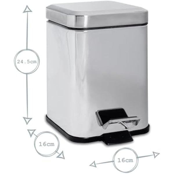 Harbour Housewares Bathroom Bin & Brush Set - White - 2pc Square Stainless Steel Pedal Bin & Toilet Brush Set Slim Small Trashcan for Kitchen Waste, Bathroom Rubbish