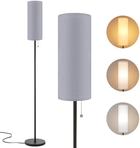 Aooshine Grey Floor Lamp for Living Room, Floor Lamps for Bedrooms with 3 Color Temperatures Bulb, 64" Standing lamp for Bedroom, Minimalist Pole Lamp, Grey Shade & Black Pole(Bulb Included)