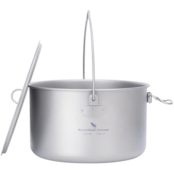 iBasingo 2.9L Titanium Campfire Cooking Pot Camping Cookware Tripod Cooking Pot with Lid Outdoor Lightweight Large Capacity Hiking Picnic Travel Bush Portable Hanging Saucepan Ti2045C