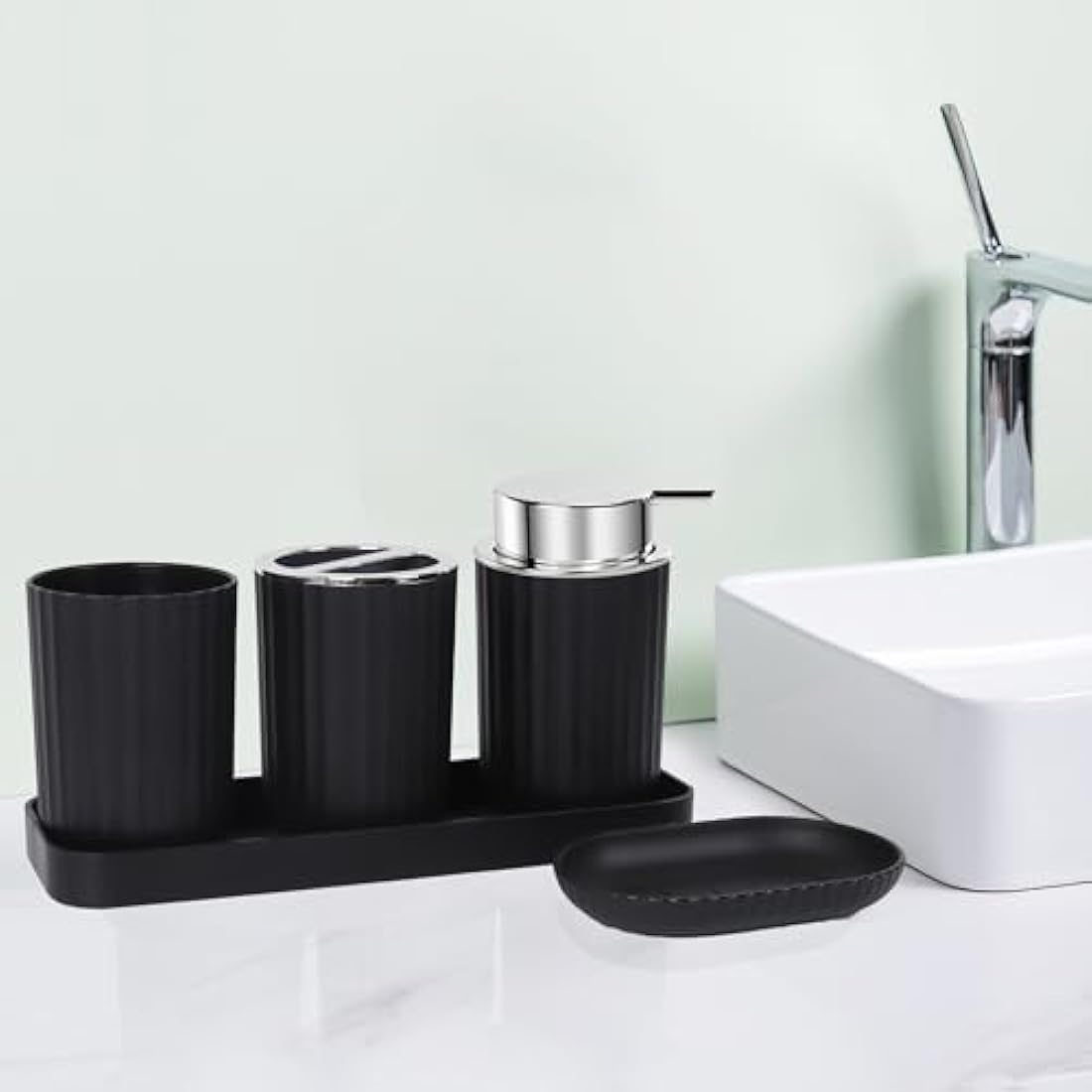 FEILANDUO Bathroom Accessories Sets Complete, 8 Pcs Bathroom Accessory Set with Trash Can, Soap Dispenser, Soap Dish, Toothbrush Holder, Toothbrush Cup, Toilet Brush and Qtip Holders,Vanity Tray,Black