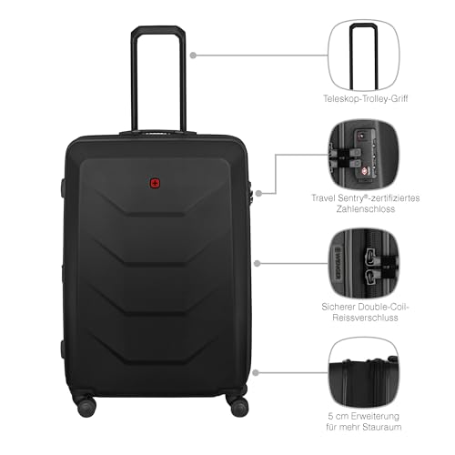 Wenger Prymo Medium hardside case with 4 Wheels, mid-Sized, 59 (67) L, Hardshell, Security Lock, for Men and Women, Travel or Vacation, Black, 612537