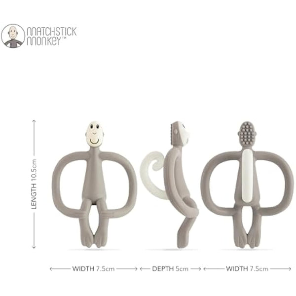 Matchstick Monkey, Original Teether & Gel Applicator, Antimicrobial Silicone Teething Toys for Baby, Easy to Grip, BPA Free, 3 Months Old+, 10.5 cm, Grey Monkey