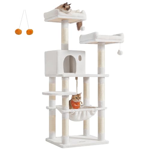 Feandrea Cat Tree, 143 cm Cat Tower for Indoor Cats, Multi-Level Plush Cat Condo with 11 Scratching Posts, Perches, Cave, Hammock, Pompoms, Cream