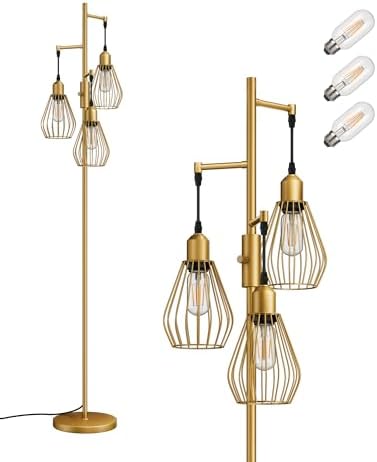 EDISHINE Industrial Floor Lamp, Dimmable Standing Lamp with Wire Cage Lampshade, Floor Lamps for Living Room, Bedroom, E27 Sockets, 3 LED Bulbs Included, Gold Metal