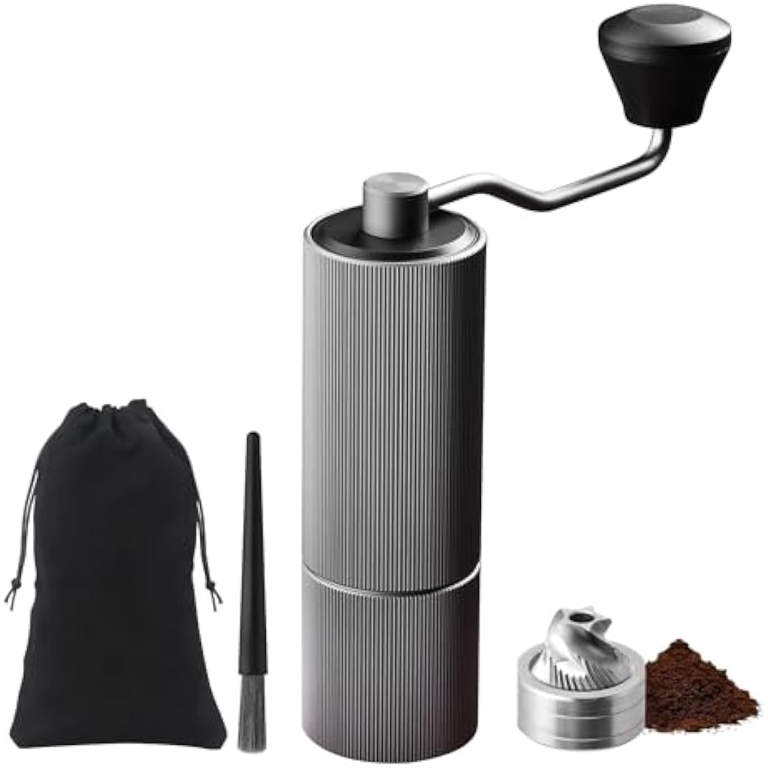 ELMWAY Manual Coffee Grinder – Stainless Steel Burr & Shaft, Dual Bearings, Lightweight Aluminium Body & Handle, Adjustable Grind, ABS Support Frame, Travel Pouch – Silver